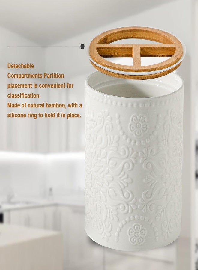 Howise 7" Relief Utensil Holder, Large Kitchen Utensil Holder Organizer , White Stable Utensil Crock Spatula Holder for Kitchen Counter Countertop Farmhouse Cooking Tools Holder with Bamboo Frame - Image 4